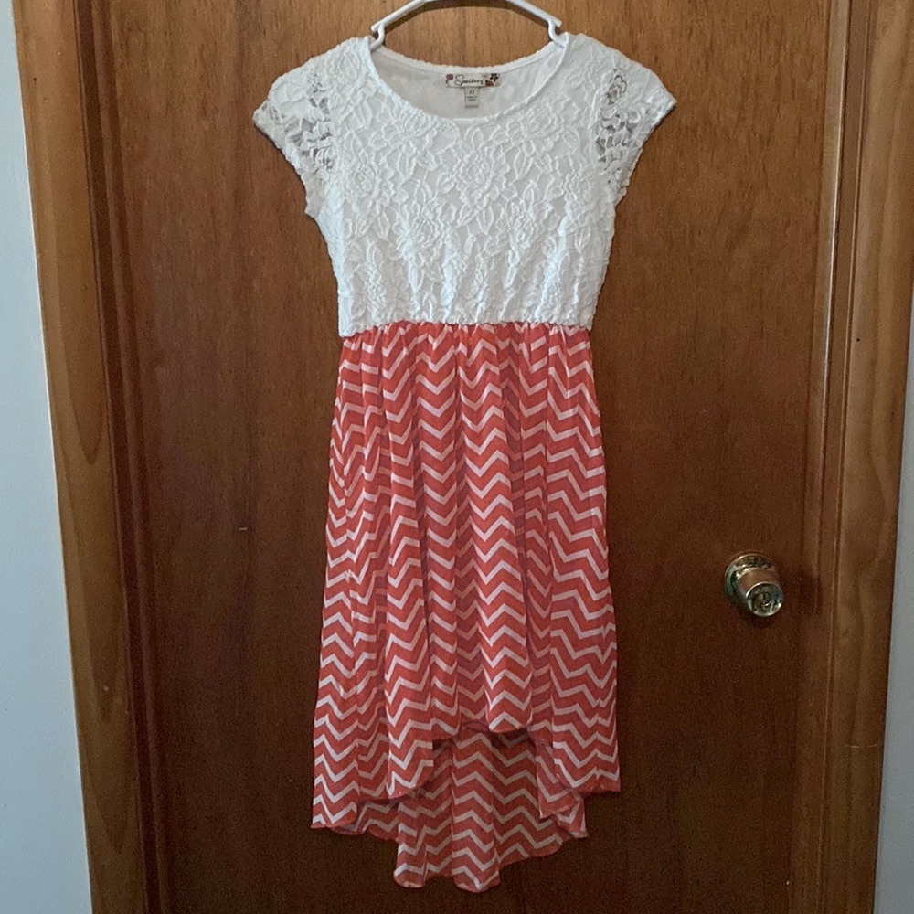 Speechless White Lace Floral Print w/ White & Pink Chevron Print High-Low Dress
